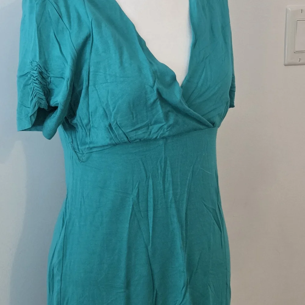Teal V-Neck Long Sleeve Wrap-Style Women's Dress - Picture 2 of 4